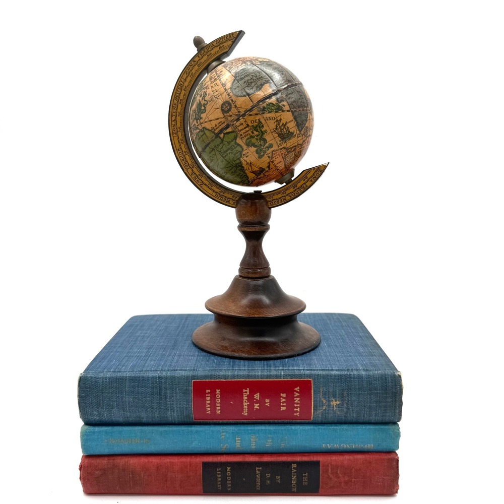 Vintage Italian Old World Mini Globe Zodiac Wood Stand 8" Desk Library Decor